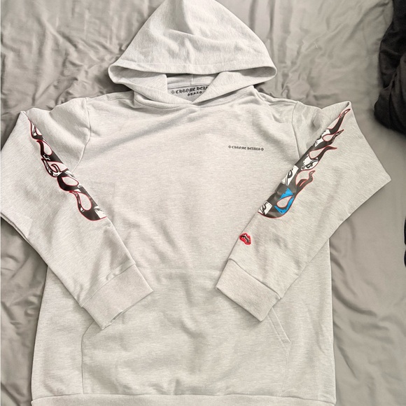 Gray Hooded Sweater with Graphic Sleeves